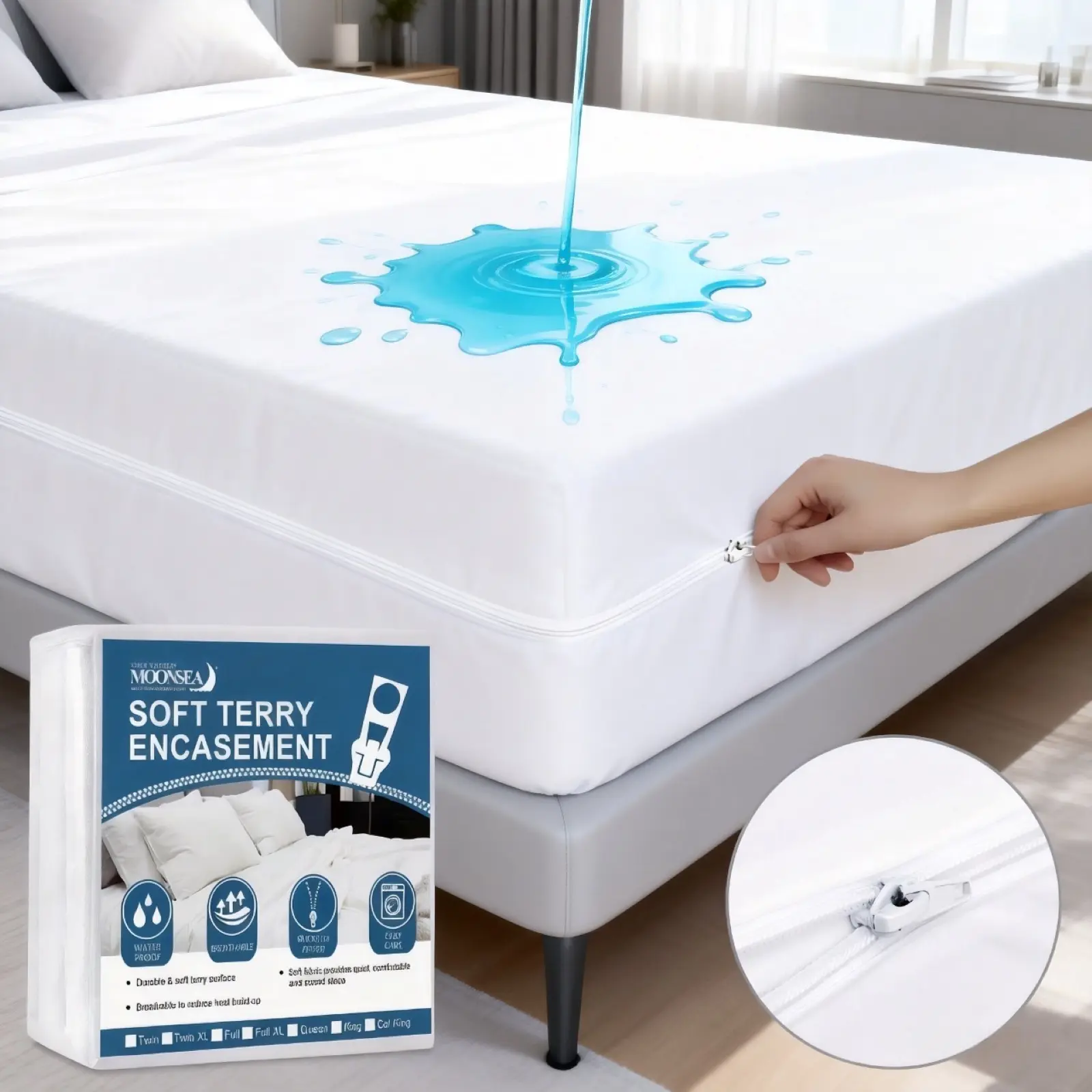 Moonsea Soft Terry Zippered Mattress Encasement, 6-Sided Waterproof Bed Bug Dust Mite Proof Mattress Protector Breathable Noiseless Absorbent Mattress Cover Fitted Sheet with Deep Pocket 360° Protection Machine Washable #SummerVibes #DealsForYouDays