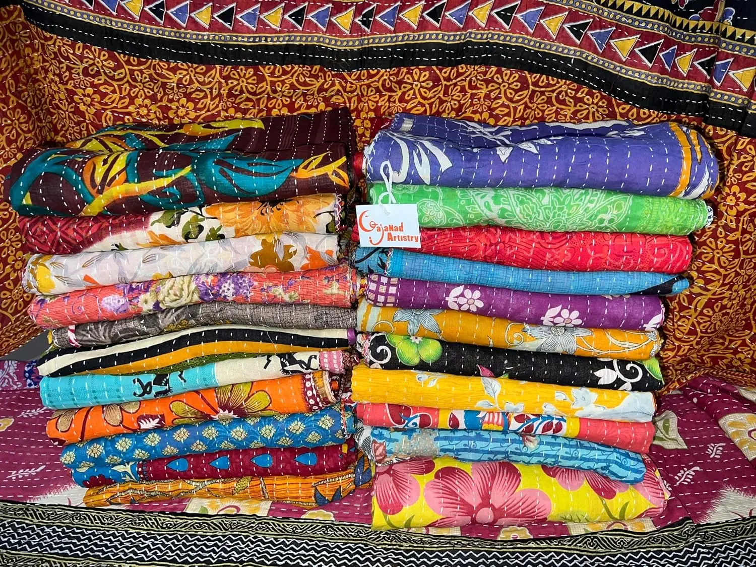 2 Piece Handmade Indian Vintage Kantha Quilts Reversible Bohemian Home Decor Blanket – Quilt for Sale Bed Sheet Bedspread -Assorted Color Twin Size 85X55 Inches Multi