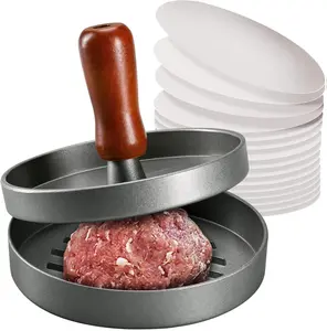 [New Deal] - Burger Press Patty Maker Stainless Steel Hamburger Patty Press Mold Wood Handle Non-Stick with 100 Patty Papers
