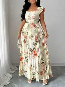Women's Square Neck Floral Print Elegant Aesthetic Pleated Long Dress, High Waist A-Line Party Dress, Ruffle Short Sleeves, Romantic Floral Skirt, Elegance, Womenswear