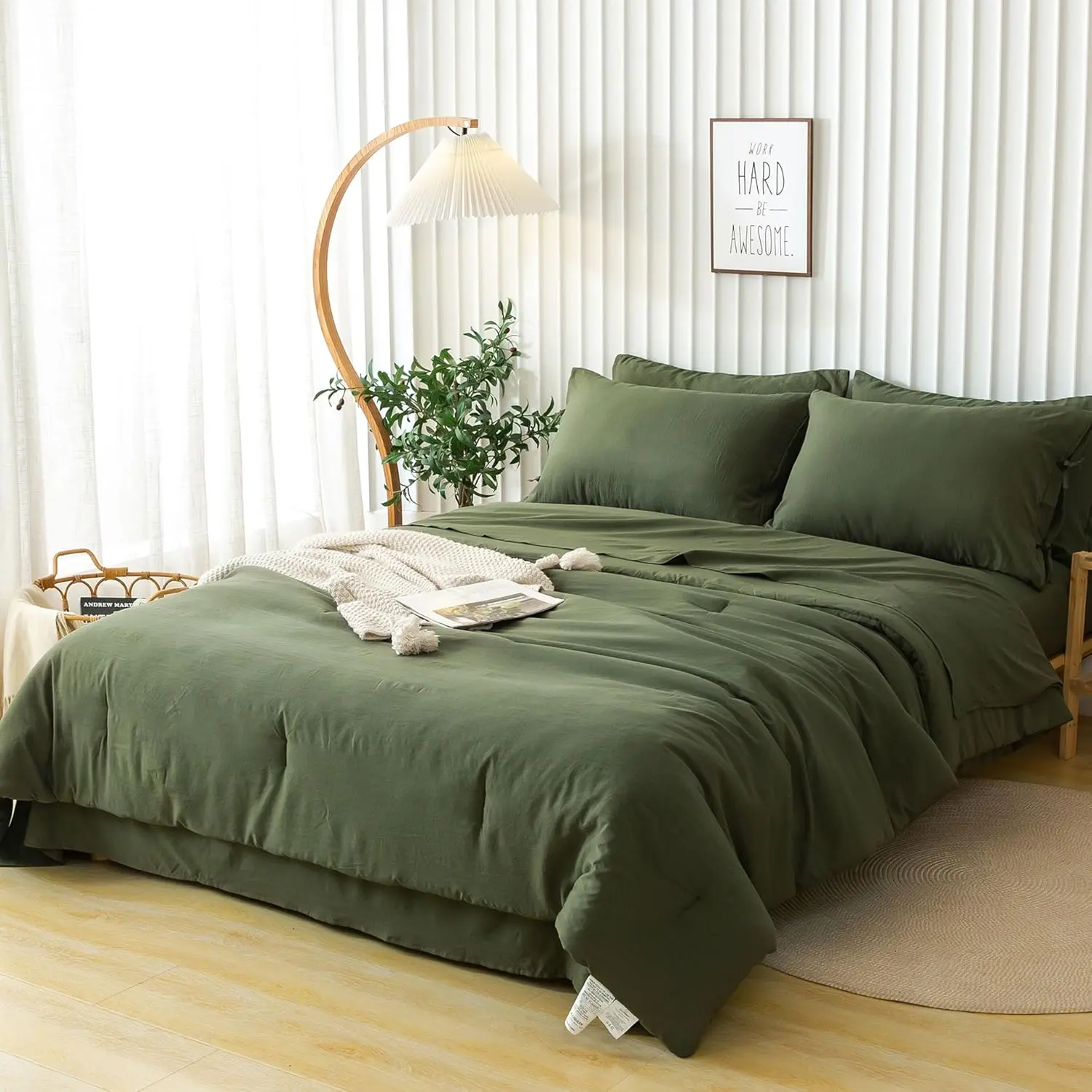 Ultra-TWIN XL Wrinkle Resistant Shabby Chic Bohemian Polycotton Bedding Set - 5-Piece Comforter & Deep Pockets Sheets, Lightweight for College Dorms, All Seasons Dark Olive Green Microsculpture Design
