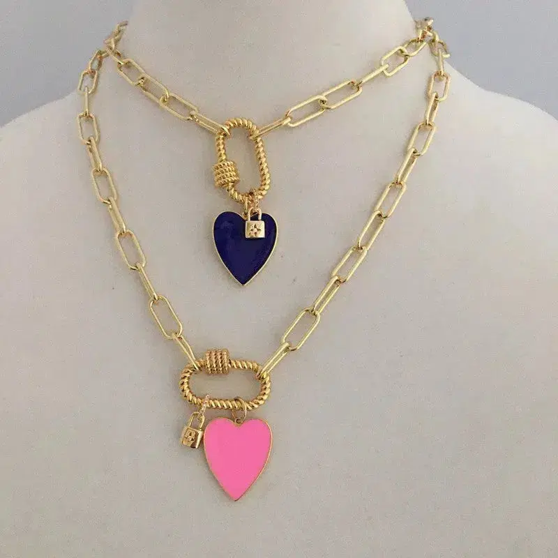 Gold Carabiner Chain Necklace-Enamel Heart Charm-Gold CZ Padlock Charm