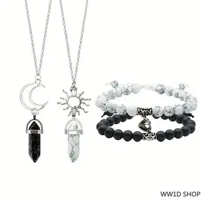 Conjunto de cuatro piezas de pulsera y collar para parejas (apto para hombres y mujeres): pulsera magnética para parejas, pulsera y collar para mejores amigos/novias y collar de corazón de cristal para parejas.