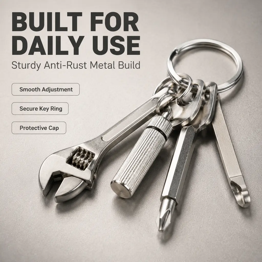 EDC Keychain Multi Tool for Men, 4-in-1 Mini Metal Pocket Tool with Screwdriver Wrench Bottle Opener Letter Opener, Compact Everyday Carry Gadget for Camping Bike Motorcycle Home Repair, Lightweight Portable Survival Tool Gift for Dad Husband Boyfriend