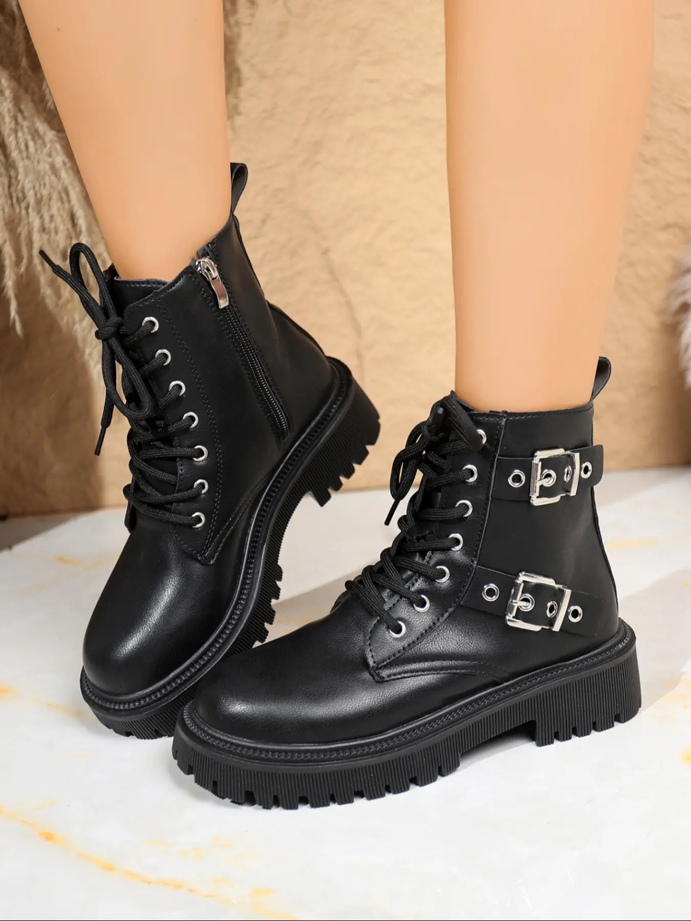 Women's Lace-Up Thick Sole Combat Boots, Boots with Zipper, Metal Buckle Side Zipper, Punk Style Fashion Boots for Trendy, Winter Booties, Ankle Boots, Pu Leather Boots, Zipper Design Boots