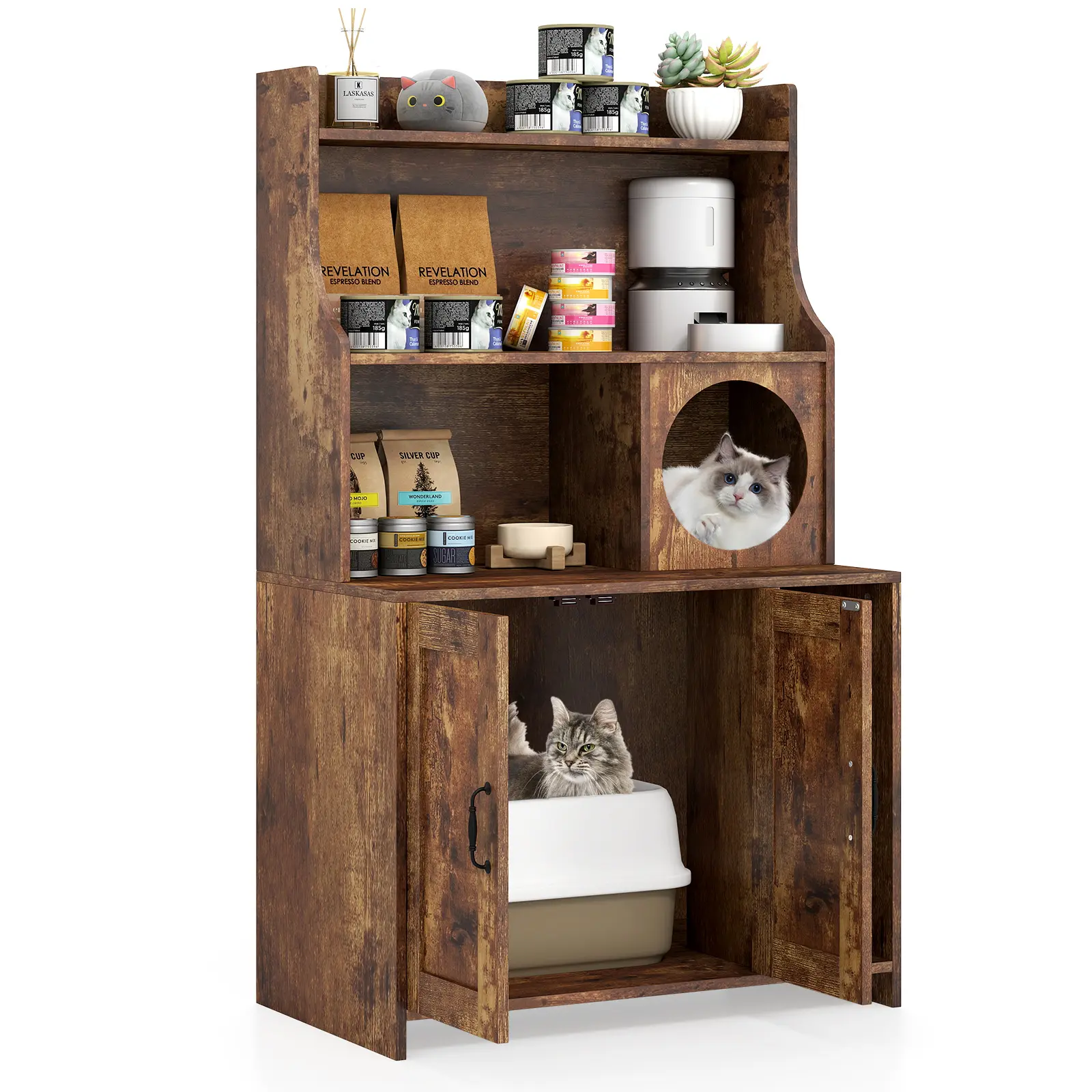 COSTWAY - Modern Wooden Industrial Cat Litter Box Enclosure with Storage Shelves-Brown