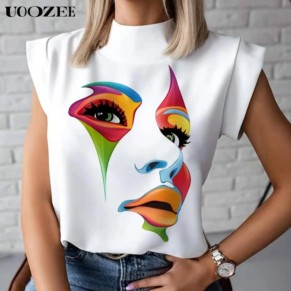 UOOZEE-LIVE Women's Soft Polyester Graphic T-Shirt - Cap-Sleeve (Shortsleeve Style), Mock Neck, Loose Fit, 3D Human Face Print, Cute, Breathable Fabric for Everyday Casual Wear, Top, Women's Clothes