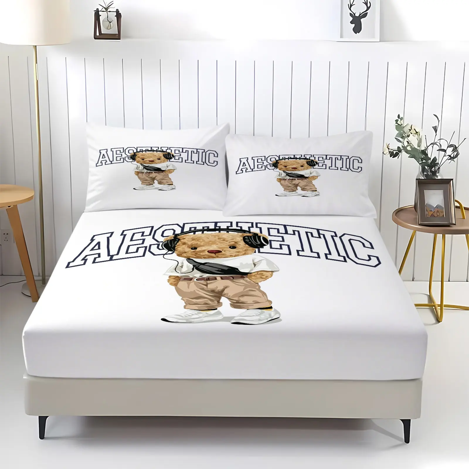 Retro Preppy Style Cute Teddy Bear Fitted Sheet Set, 1 Fitted Sheet with 2 Pillowcases, All-Season Bedding for Bedroom, Dorm & Guest Room, Decor for Teens & Boys, Comfy Bedding Set, Bed Sheets
