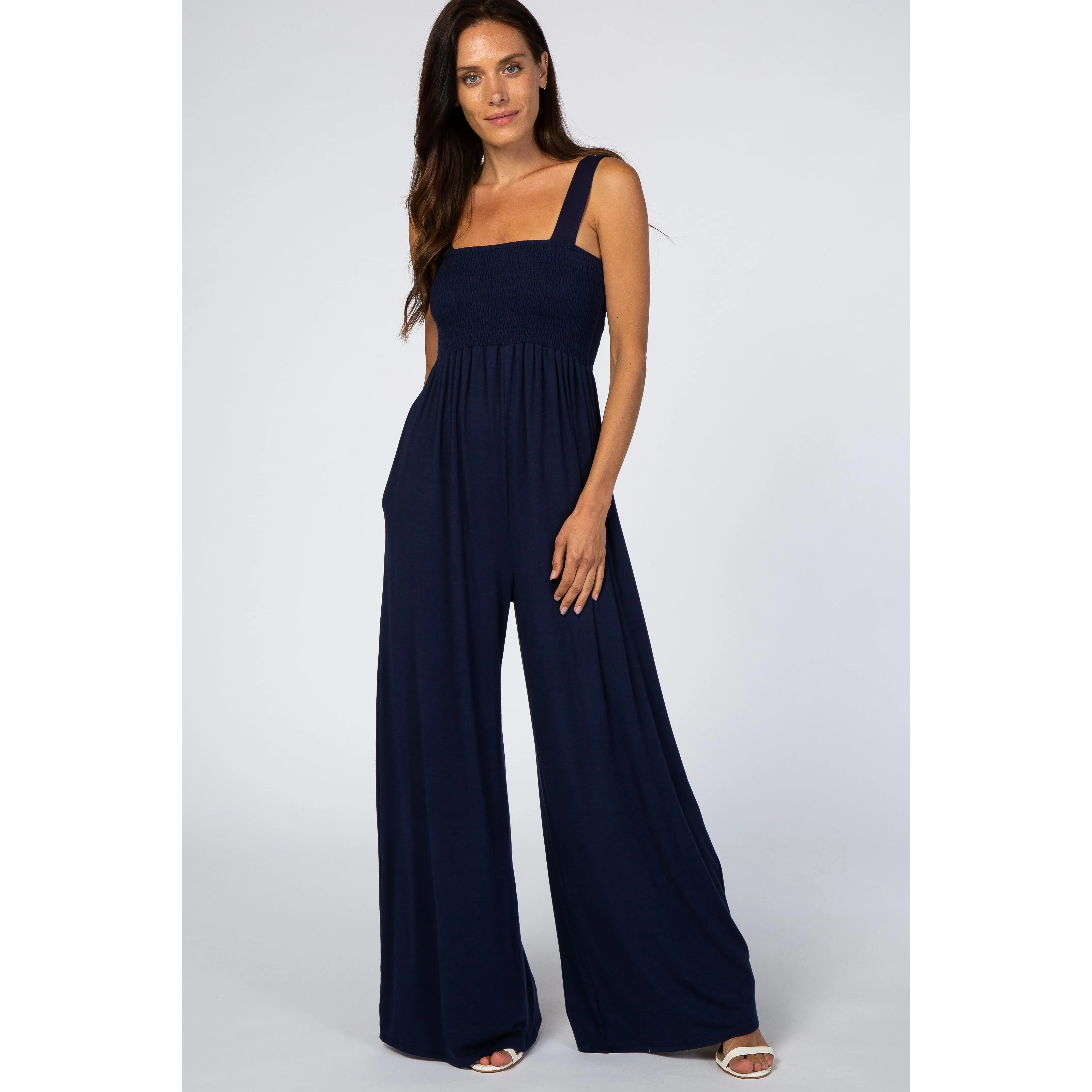 Navy Blue Wide Leg Jumpsuit for Women, Sleeveless Smocked Casual Overalls with Convenient Side Pockets, Blue Jumpsuits & Rompers