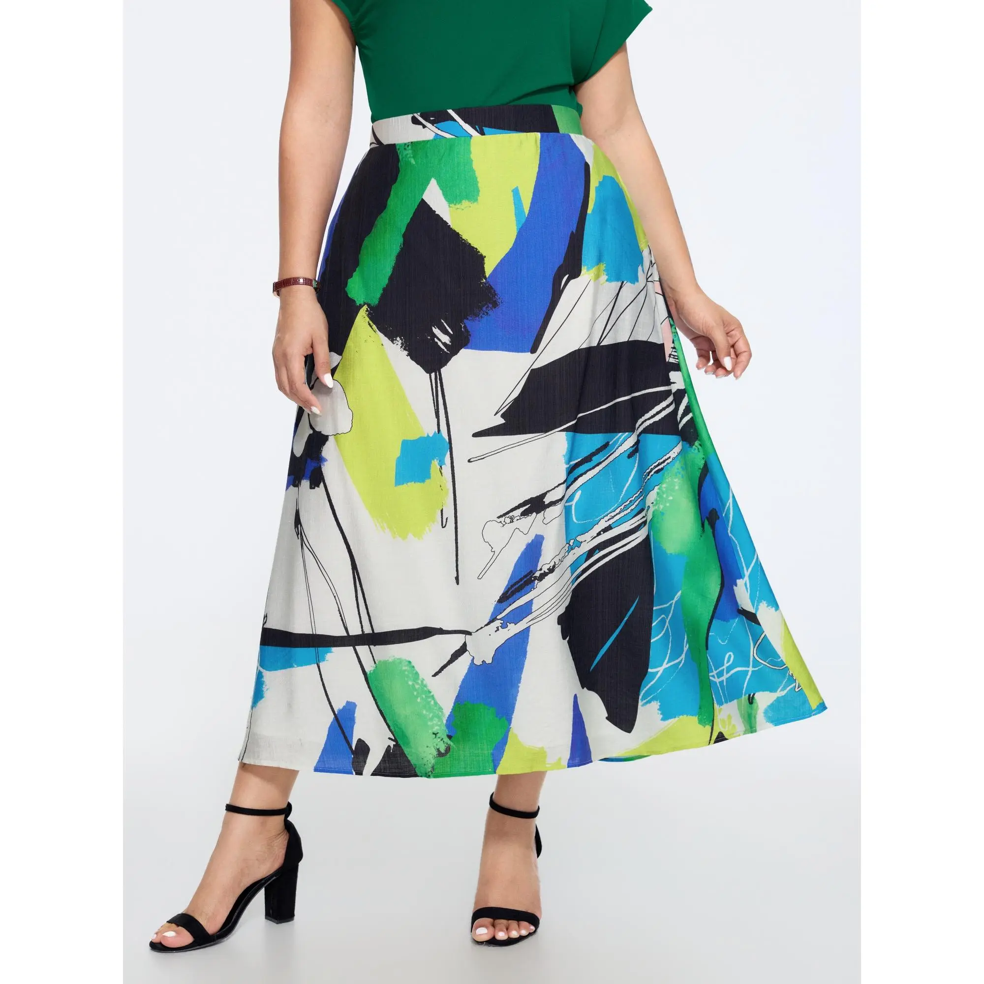 BLOOMCHIC Plus Size Abstract Art Print Elastic Waist Midi Skirt[M-6X] 2026 Summerfinds