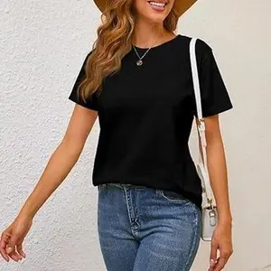 Holafish Womens Short Sleeve Tops 100% Cotton Summer T Shirts Round Neck Causal Fashion Basic Tee Breathable Comfy Summer Top