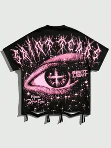 Dark Fashion Retro Vintage Cross Print Short Sleeve T-Shirt, American High Street Streetwear Distressed Ripped Design, Unisex Versatile T-Shirt