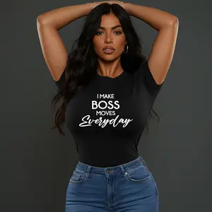 Boss Moves Women's T-Shirt Cotton Sleeve Lightweight Breathable Everyday Wear Soft Modern Silhouette Ribbed Collar Twill Shoulder Tape