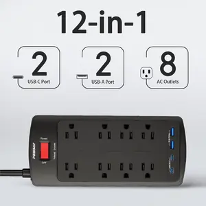 Parent Extension Cord Wall Mountable Surge Protector with  USB-A & Type-C Fast Charging, portable power station saft ey, multipurpose use, usb port socket