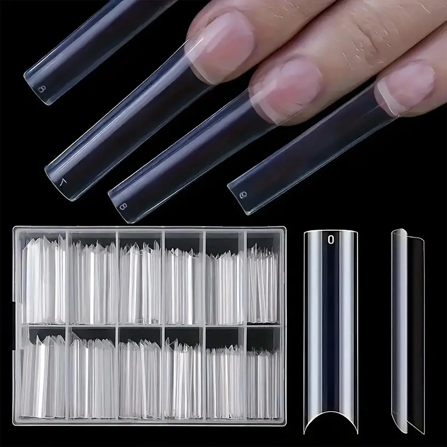 Clear Extra-Long C-Curve Fake Nail Tips, 240pcs/set Deep Acrylic Fake Nail Tips with Box for Nail Salon and DIY Nails, 12 Sizes Extension False Nail Tips, Fake Nails Extensions, Nail Art DIY