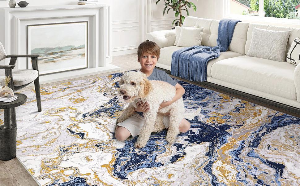GARVEE Abstract Marble Rugs: Modern, Washable, Non-Slip Area Rugs in Various Sizes (5'x7', 6'x9', 8'x10', 9'x12') for Living Room, Bedroom, Kitchen, and Dining. Ideal for High Traffic Areas, Available in Blue and Grey.