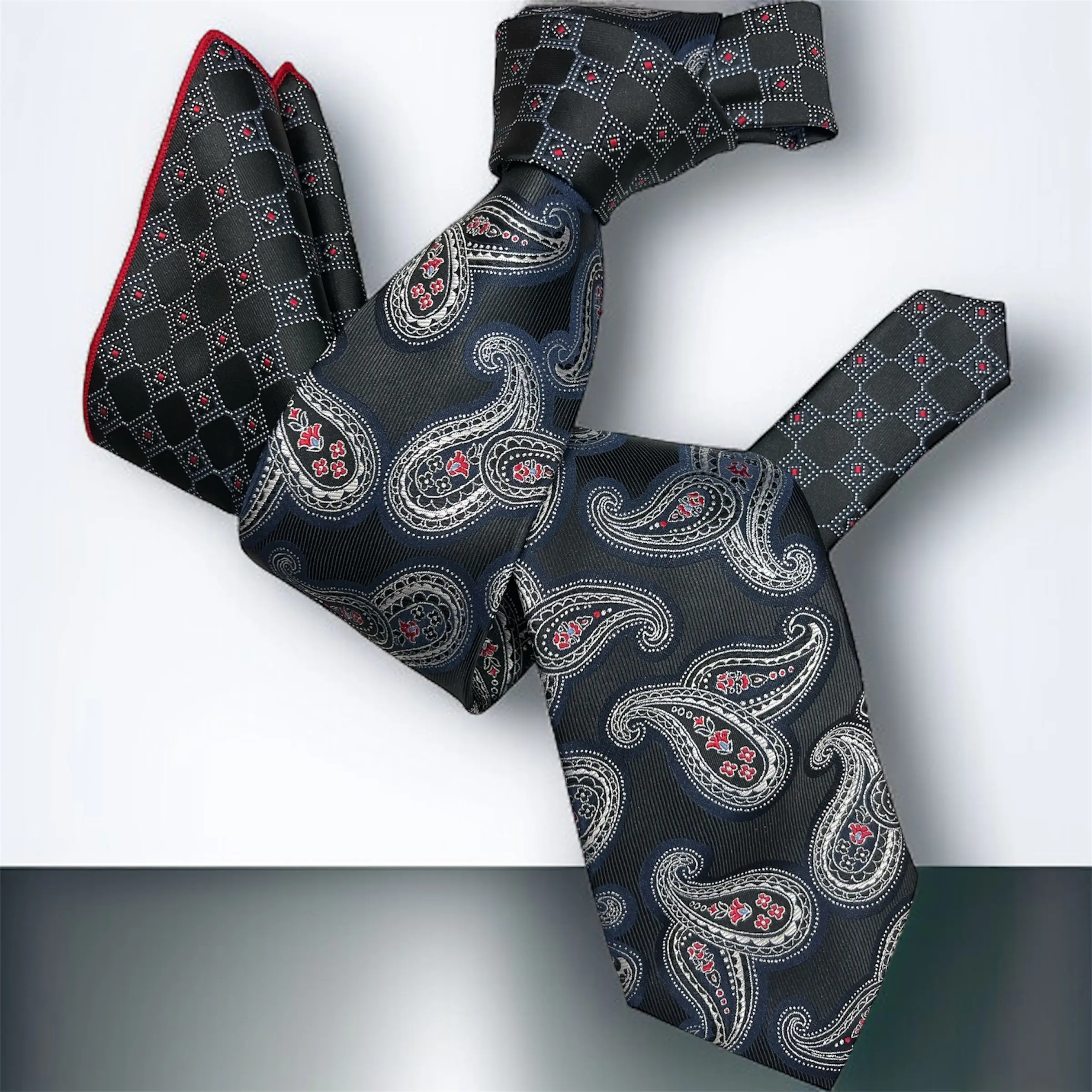 DMITRY 7-Fold Men's Black (2 in 1) Patterned Italian Silk Tie & Pocket Square Set (Limited Edition)
