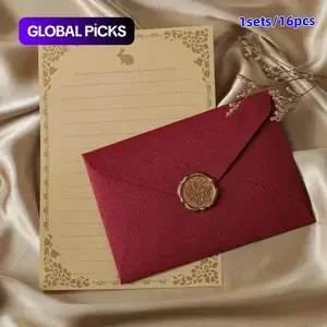 Letter Paper & Envelope Set, 16pcs/set Including 3 Counts Envelopes, 10pcs Letter Paper & 3 Counts Wax Seals, Holiday Invitation Stationery Office Supplies #GLOBAL PICKS