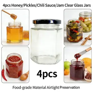 4pcs Hexagonal Glass Sealed Jars 180ML/6oz, Transparent Food Storage Bottles, Moisture Proof Preserving, Kitchen Organizer