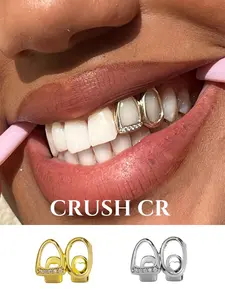 CRUSH CR 18K Gold Plated Open Face Dual Tooth Grillz, Teeth Cover Girls, Gold/Silver Options Perfect for Y2K Aesthetic Outfits, Brunch Dates Daily Commutes, Music Festivals, Club Nights TikTok Photoshoots, Lightweight Comfortable for All-Day Wear