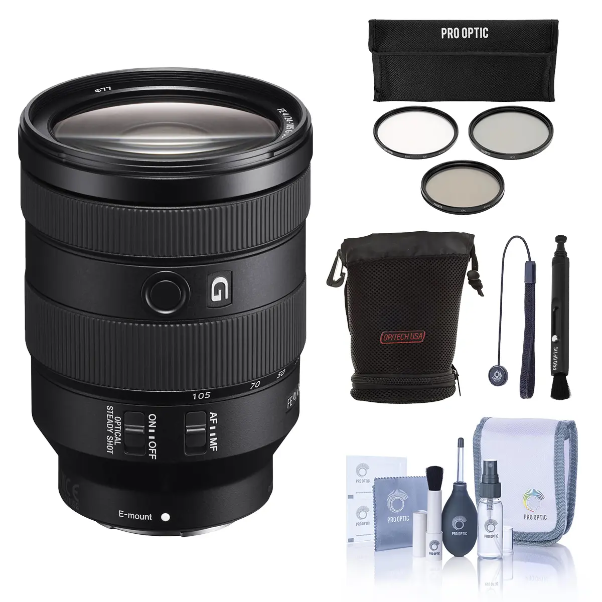 Sony FE 24-105mm f/4 G OSS Lens for Sony E, Bundle with ProOptic 77mm Filter Kit, Soft Lens Case, Lens Cleaner, Cleaning Kit, Universal Lens Cap Tether