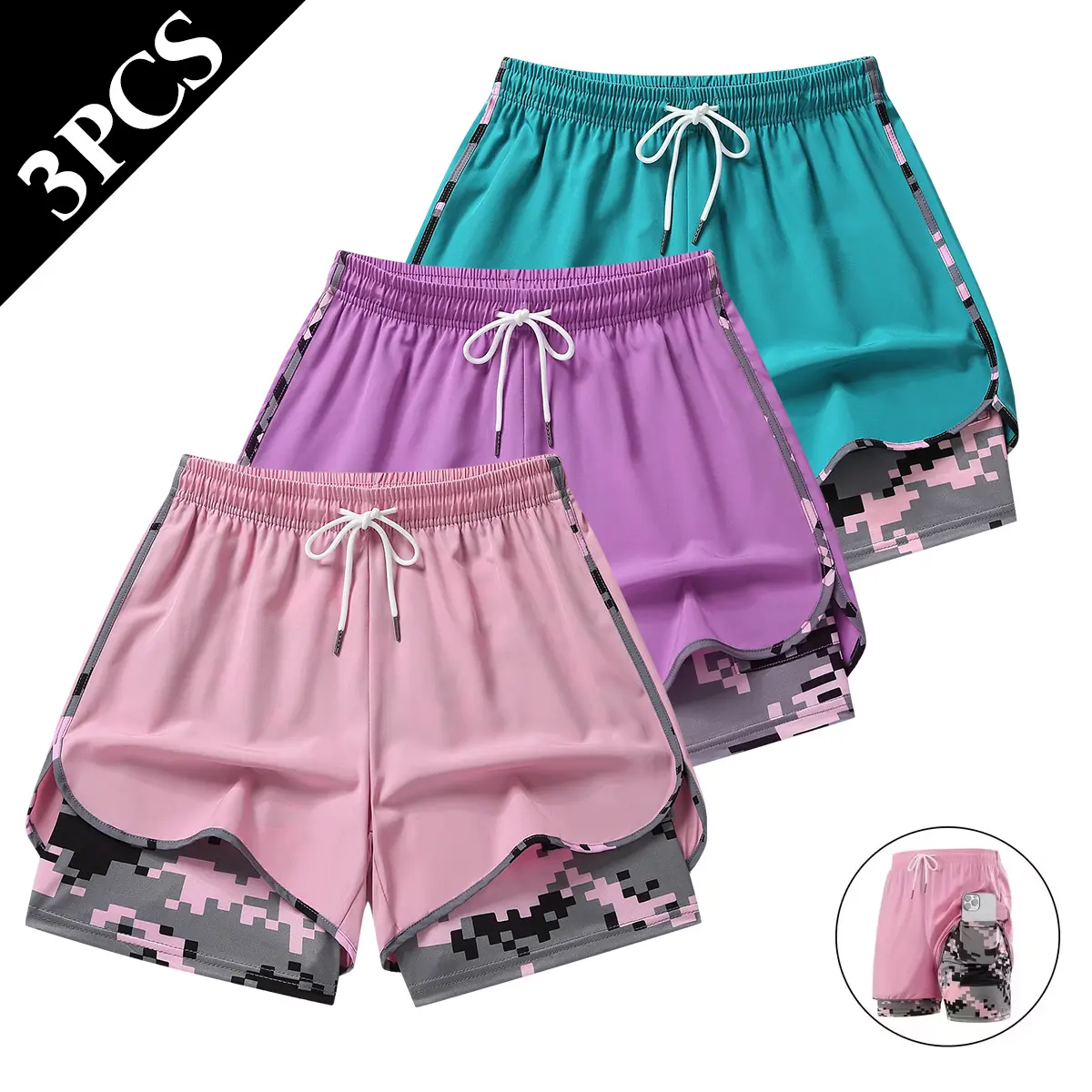 Women's 3-Piece Casual Activewear Sportswear Shorts, Lady's Summer Lightweight Polyester Clothes, Double-Layer Breathable Elastic Waist Mid-Thigh Shorts for Yoga, Running, Cycling