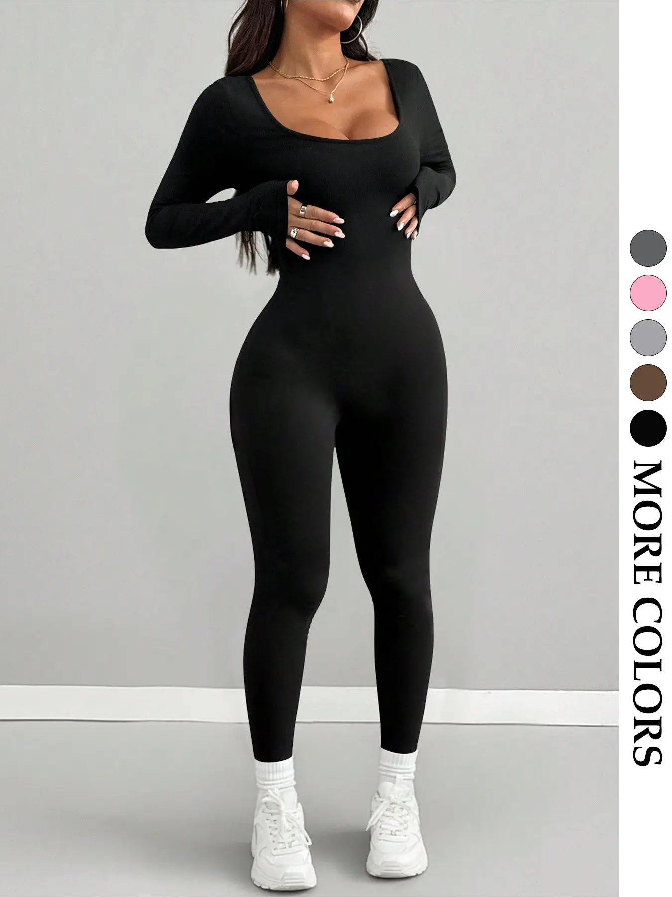 Women's Solid Color Fitted Jumpsuit, Square Neck Design, Tight Fit, Casual Comfortable Wear, Long Sleeve, All Seasons Fashion, Everyday