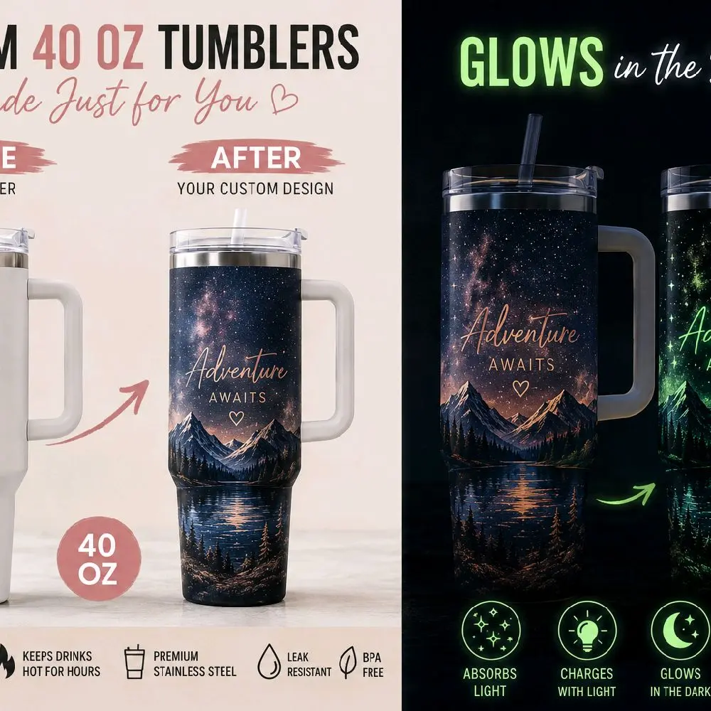 40oz Glow-In-The-Dark Custom Tumbler, Personalized UV DTF Cup