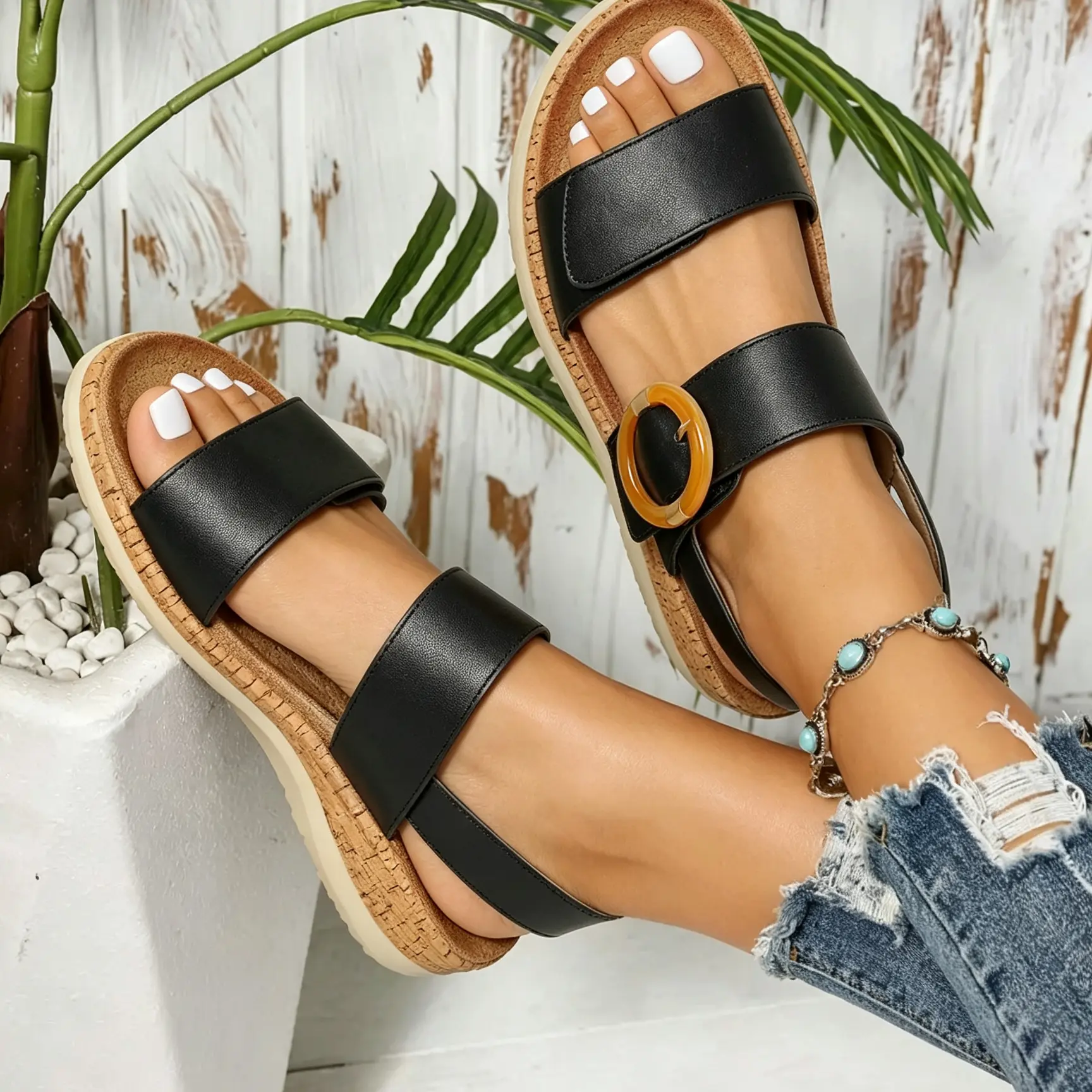 Women’s Casual Boho Low Cork Wedge Sandals - Arch Support Walking Shoes with Adjustable Buckle, Lightweight Flexible Design, for Beach Holidays, Daily Styling, Warm Weather