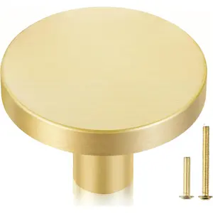 10-Pack Solid Brass Cabinet Knobs, 1-5/16-Inch Diameter, Round  Dresser Drawer Pulls Handles, Modern Kitchen Hardware, Brushed Brass Finish