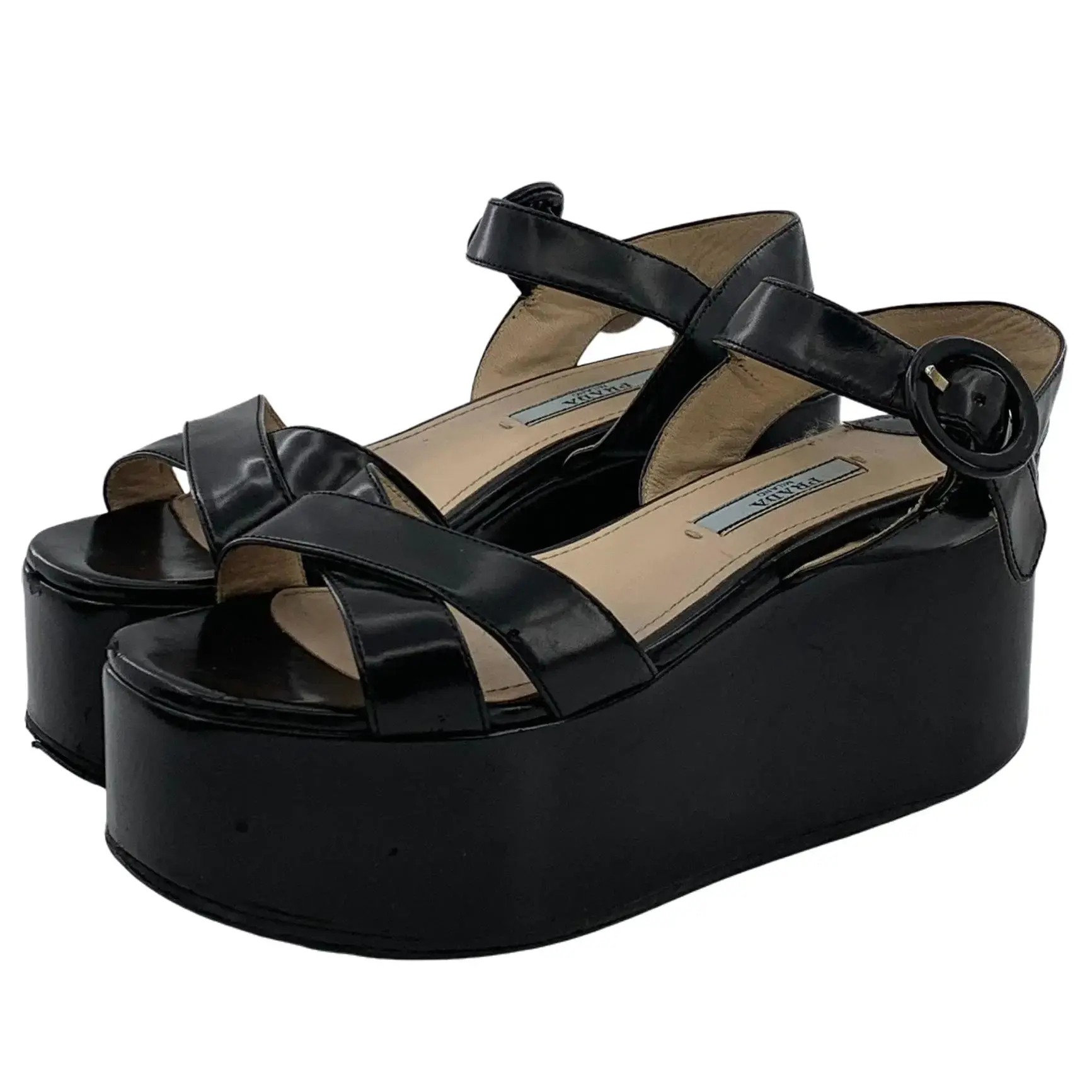 RDLT-Prada size 35.5 black cross strap buckle design platform sandals-H37530