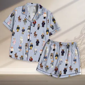 Pajamas Set for Women, Pajamas Bear Set for Women, Cute Bear Print Pajamas, Casual Long Sleeve Shirt & Elastic Pants, Soft Stretch Fabric, Comfortable