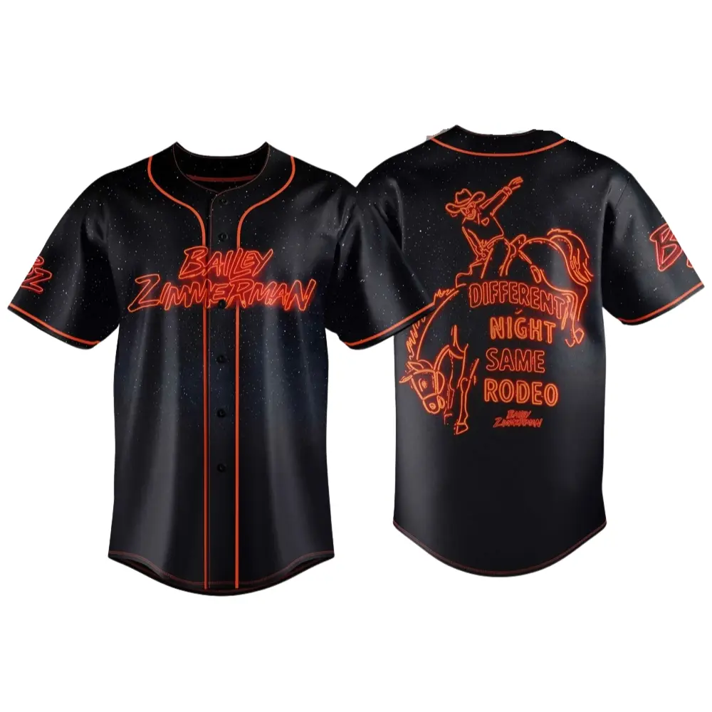 Bailey Baseball Jersey Graphic Shirt Different Night Same Rodeo Oversized Streetwear Hip Hop Concert Outfit Black Unisex Button-Up Retro Tour Style Y2K TikTok Fashion Trend