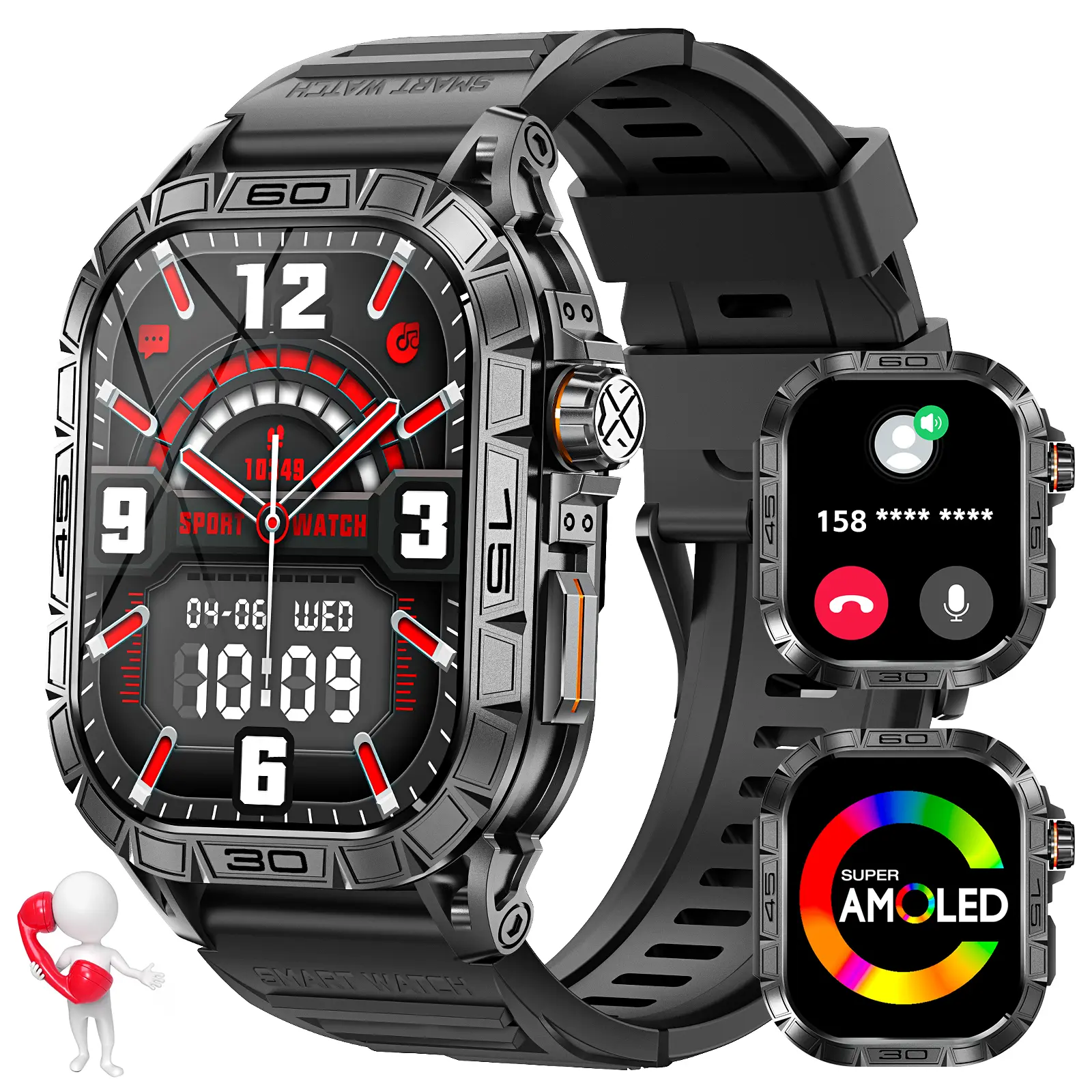 1.96" AMOLED Always On Display Smart Watch for Men (Answer/Dial Call), Outdoor Smartwatch with 100+ Sports Modes Compass Pedometer Digital Watch Wearable Device