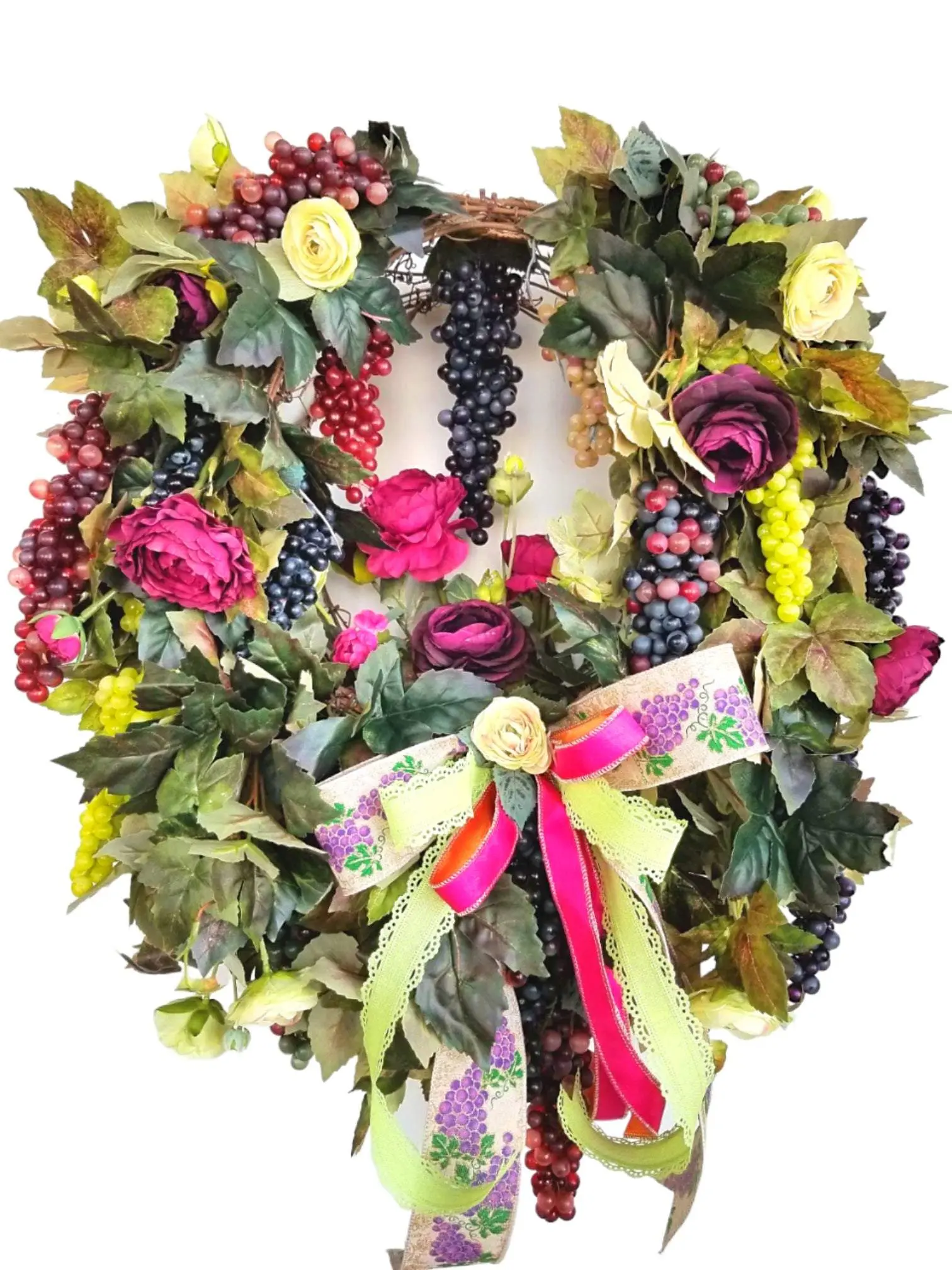 Grapevine Hanging Grape Wall Basket with Ivy and Fake Grapes for Home Decor