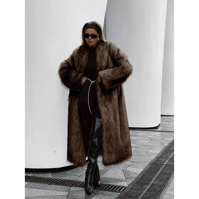 Women's Brown Faux Fur Coat with Waterfall Collar Loose Fit Long Sleeve Basic Outerwear for Fall Winter Daily Wear Minimalist Womenswear Jackets