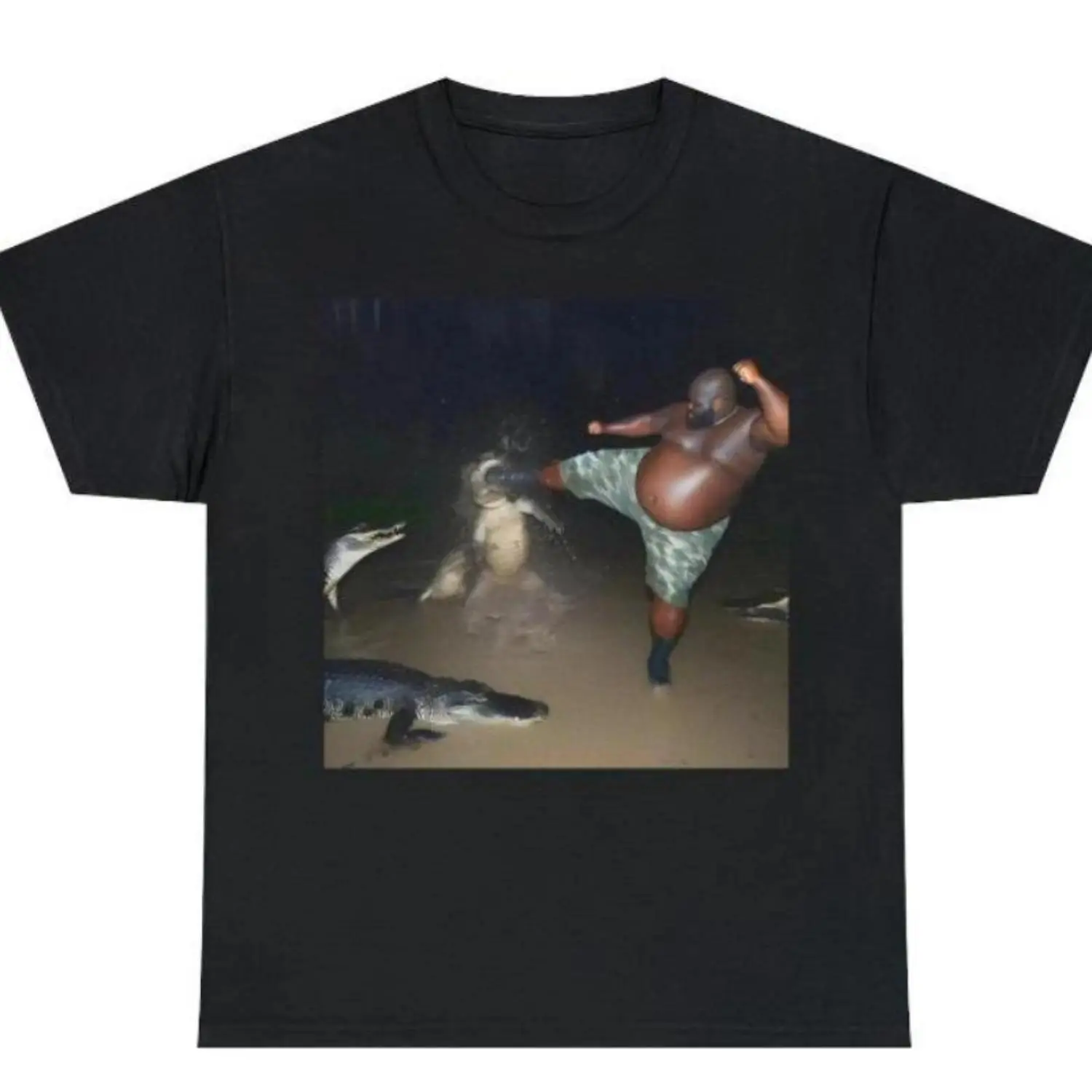 Humorous Unisex Swamp Man Kicks Alligator Meme Shirt in All Sizes