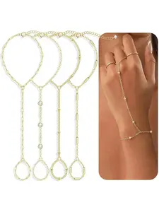4 Pcs Gold Hand Chain Bracelets for Women, Dainty 14K Gold Plated Ring Bracelet Hand Chain, Stackable Beaded Cubic Zirconia Bracelet Stack Jewelry Gifts, Exquisite Bracelet, Stacked Design Bracelets, Fashion Bracelets