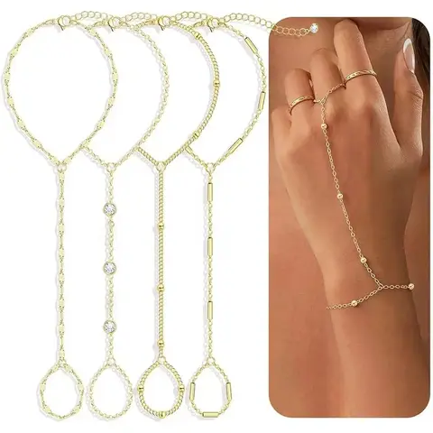 4-Piece Gold Hand Chain Bracelets for Women, Dainty 14K Gold Plated Stackable Ring Bracelet, Cubic Zirconia Beaded Jewelry Gift Set, Fashion Wrist Jewelry, Exquisite Bracelet