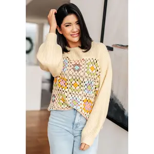 Square Dance Granny Square Sweater – Crochet Accent Balloon Sleeve Knit