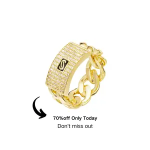 14K Gold Plated Iced Out Cuban Link Ring with Zirconia Hip Hop Style Fashion Design-Bling Initial"S" Size#6-#9 fashion jewelry gift ideal man,New Year gifts,Wedding ring