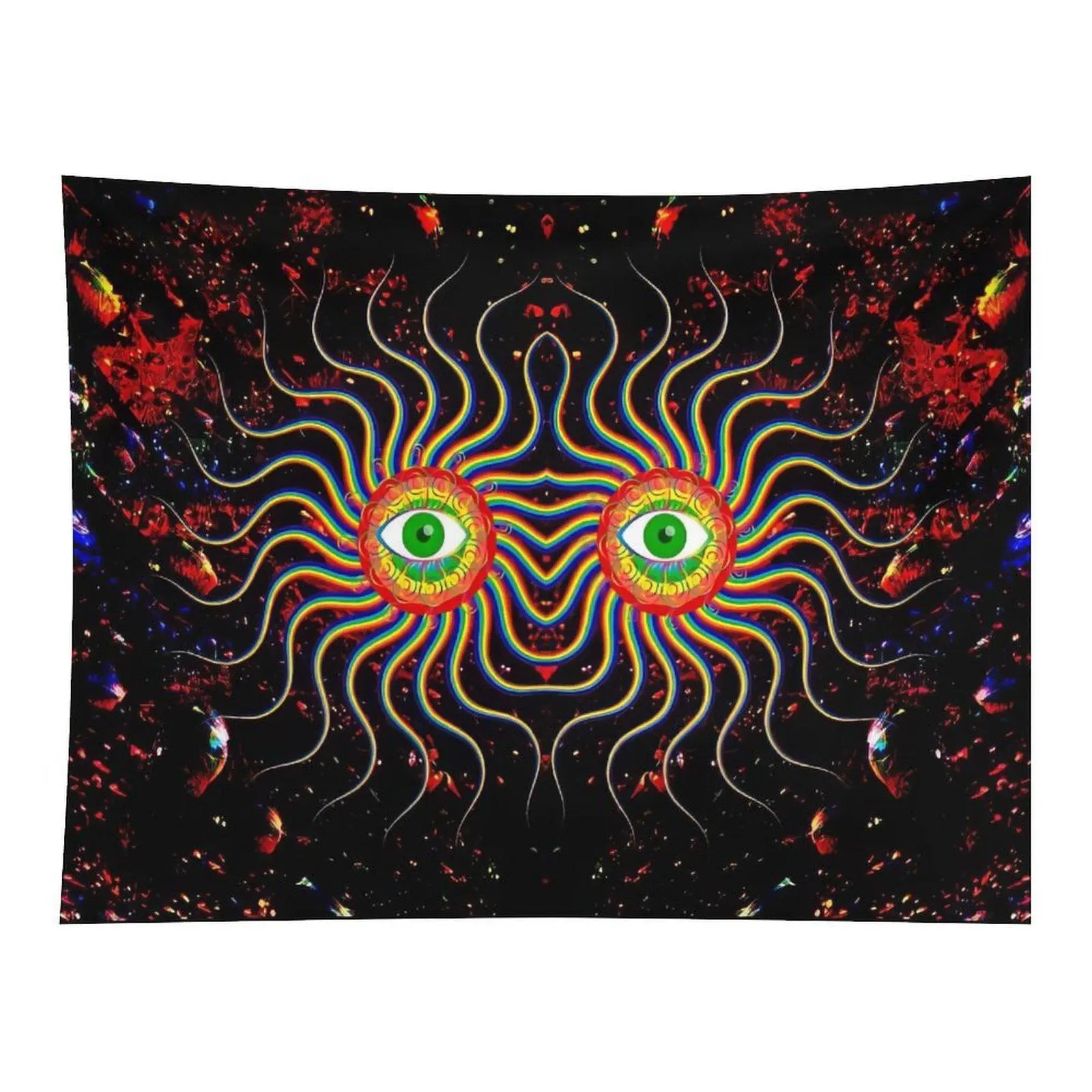 Psychedelic Trippy Rainbow Eyed Sun Wall Tapestry Mystic Hypnotic Colorful Rays Black Background Hippie Style Spiritual Wall Hanging For Room Decor