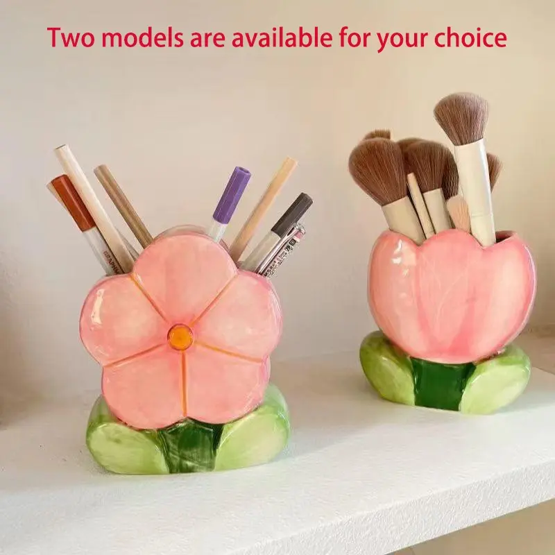 Cute Floral Ceramic Makeup Brush Holder, Desktop Pen Holder Decorative Storage Organizer, Cosmetic Tools Organizer, Elegant Tabletop Accessory for Beauty Tools, Cosmetics Organizer Storage