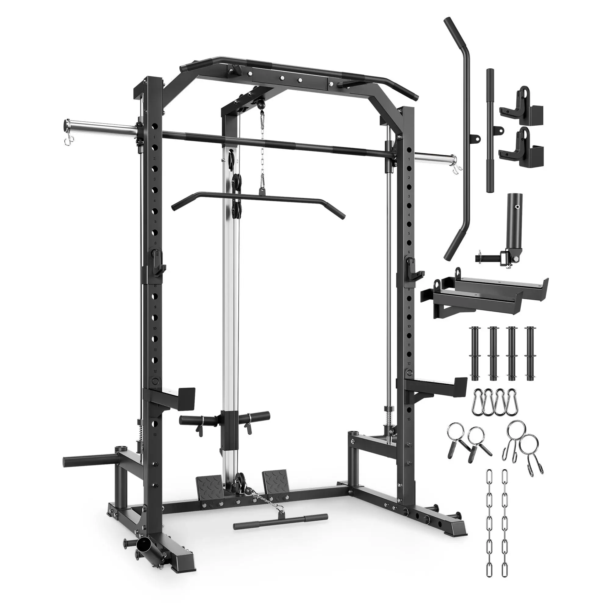 Smith Machine Home Gym with Barbell Bar, Cable System, LAT Pulldown Attachments, Safety Spotter Arms, J Hooks, Landmine, Multi-Functional Squat Rack for Full Body Strength Training