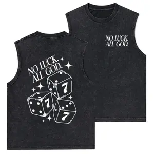 Men's Vintage Retro Graphic Soft Crew Neck Sleeveless Tee, "No Luck. All God." Dice Faith Design - Classic Casual Menswear for Fitness, Gym, Streetwear (Pair with Joggers)