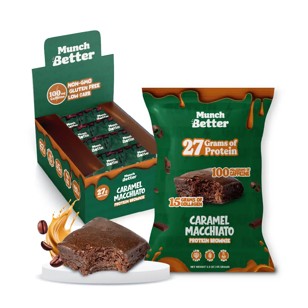 Munch Better High Protein Caramel Macchiato Brownies with Caffeine (8 Pack) - 27g Protein & 15g Collagen - Gluten-Free & No GMOs - US Made Energy Boost Snack