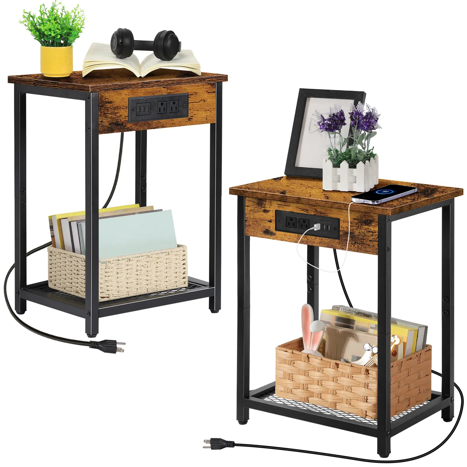 Side Table, 2 Pack Side End Table with Extended Power Strip and 3 USB Ports, Multifunctional Nightstand for Living Room Bedroom