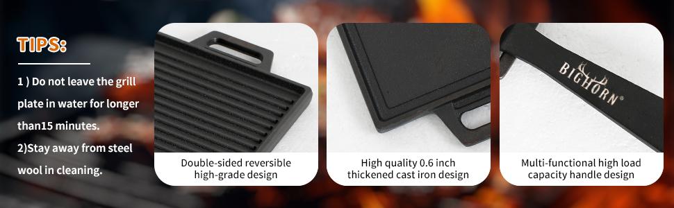BIG HORN OUTDOORS Cast Iron Grill Plate - Double Sided Griddle with Handles for Gas Stove tops, Oven, and Open Fire - Cookware