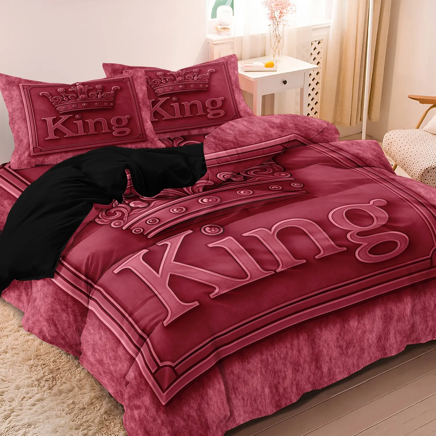 3pcs Luxury Royal King Print Decorative Duvet Cover Set, Vintage Crown Embossed Print Bedding, Stylish Bedroom Decor,For Stylish Rooms Bedroom Hotel (Includes 1 Duvet Cover and 2 Pillowcases,No Comforter, No Pillow)