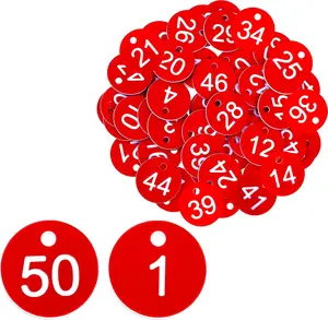 Number Tags 1-50, Plastic ID Number Hang Tags with Hole, Engraved Round Numbered Marking Identification Tags, Key Box Cabinet Organized Coding Tag(Red), Plastic Material